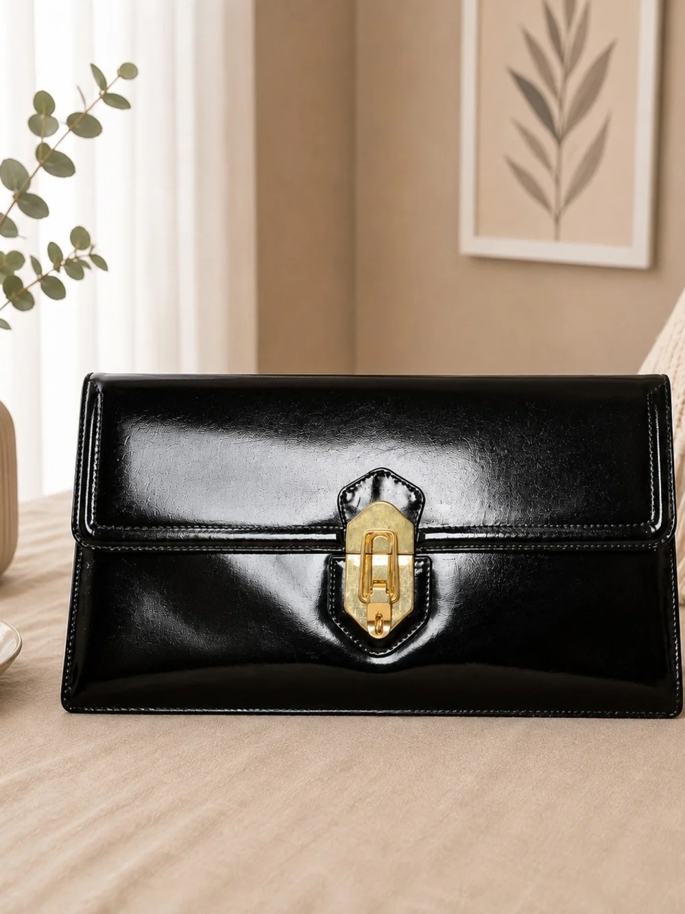 Black Patent Leather Clutch with Gold Lock
